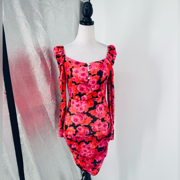 Black Floral Print Long Sleeve Square Neck Ruched Bodycon Mini Dress - Picture 7 of 15